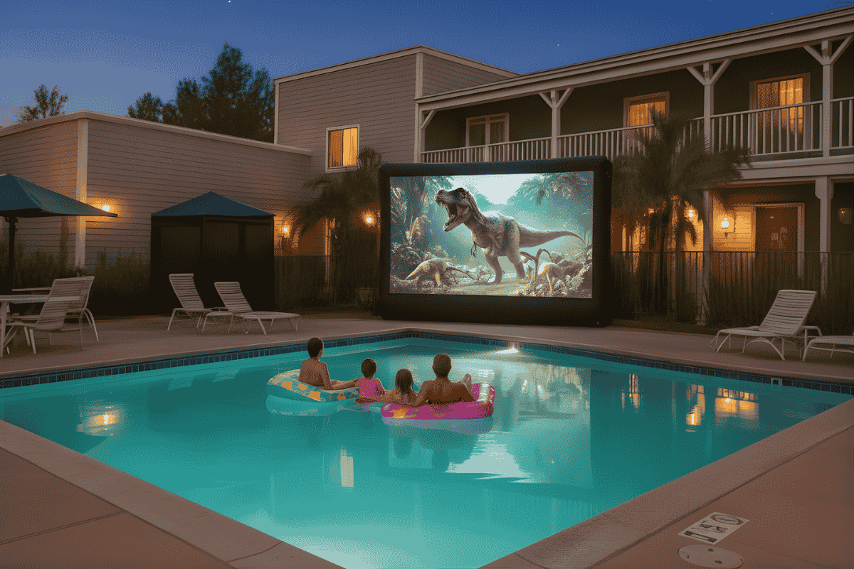 Family enjoying an outdoor movie night by the pool at Circle RV Resort