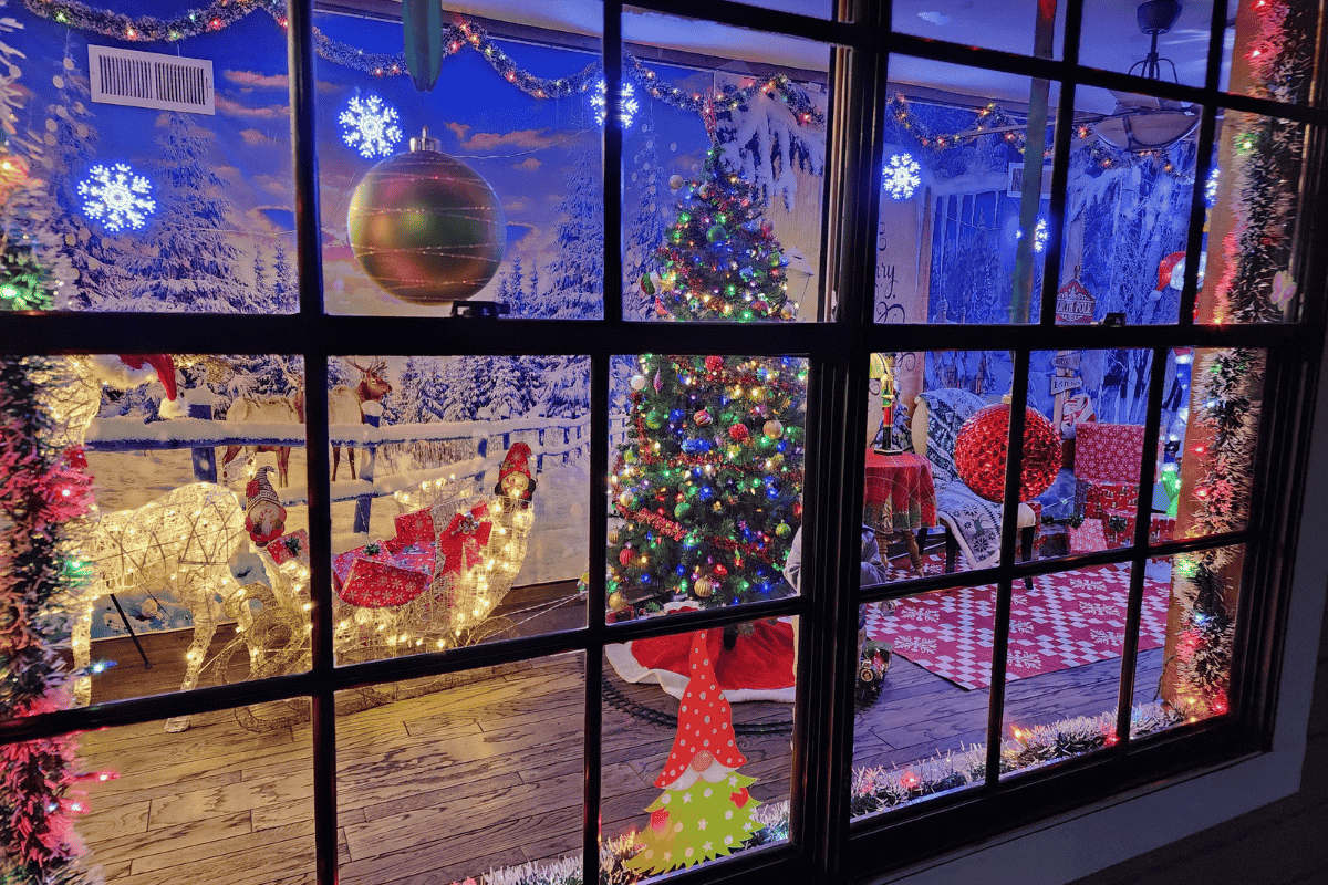 Lobby decorated for Christmas