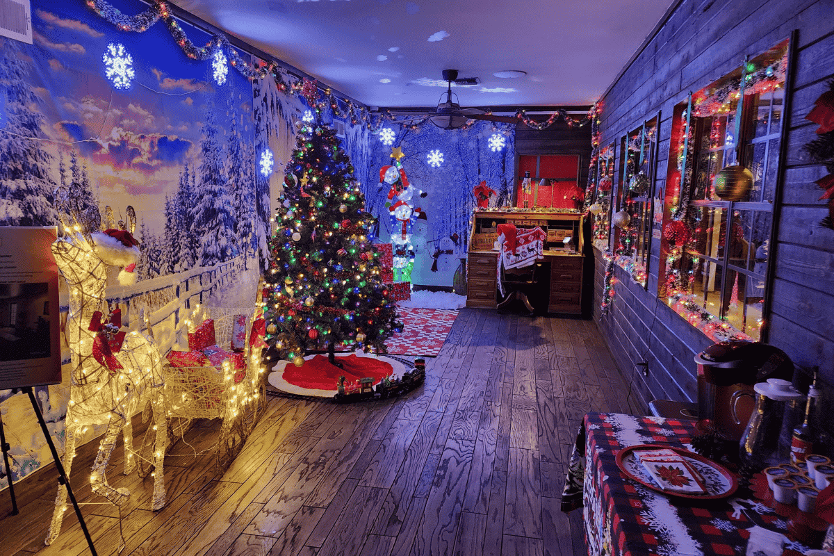 Lobby decorated for Christmas