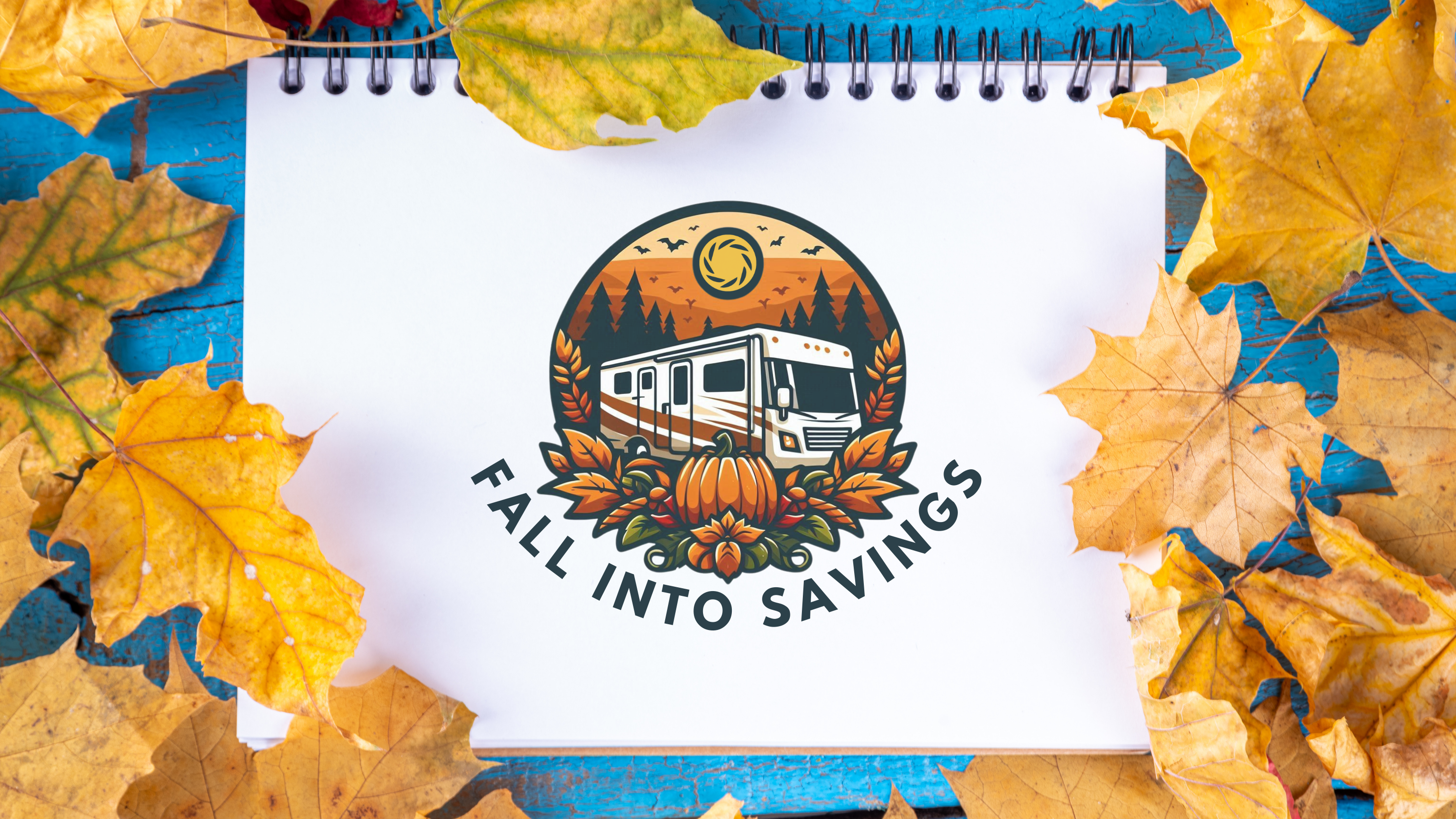 A picture of a book with a logo of a RV in a fall scenario, with the name of this promotion: Fall into savings