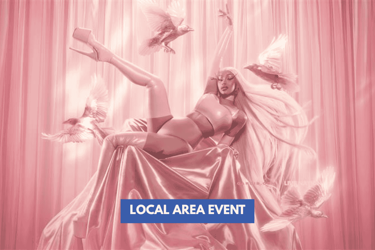 A woman in glamorous attire poses on draped fabric with birds flying around her; text reads LOCAL AREA EVENT at Acrisure Arena featuring Cardi B.