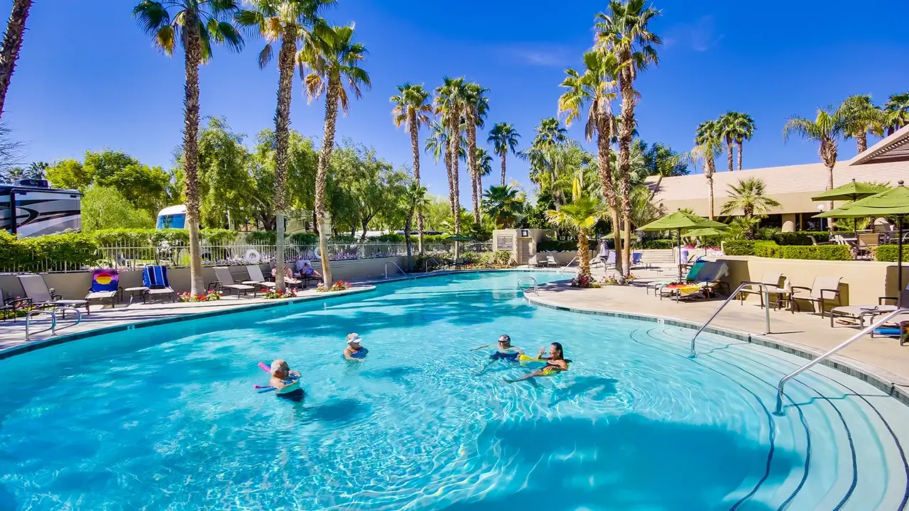 Beautiful pool area at Emerald Desert RV Resort