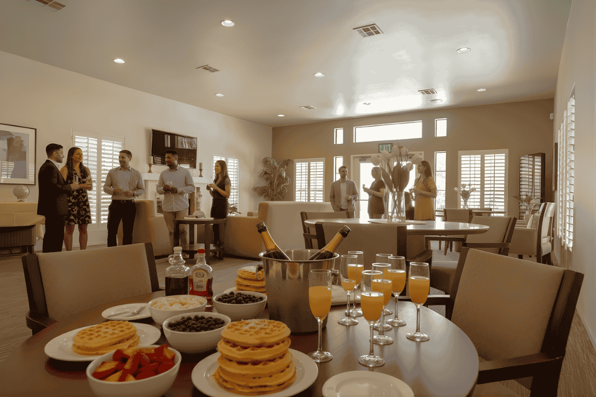 People mingle in a bright lounge with tables set with waffles, fruit, and glasses of orange juice.