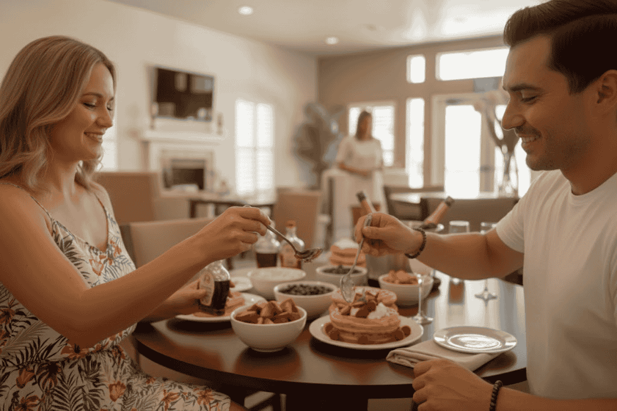 A smiling couple enjoys breakfast together at a table with waffles and various toppings.