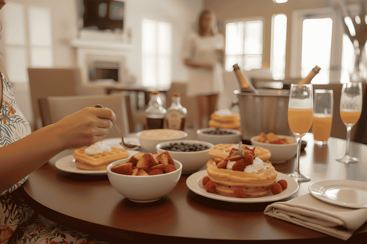 Breakfast table with waffles, strawberries, blueberries, orange juice, and two people in a bright dining room.