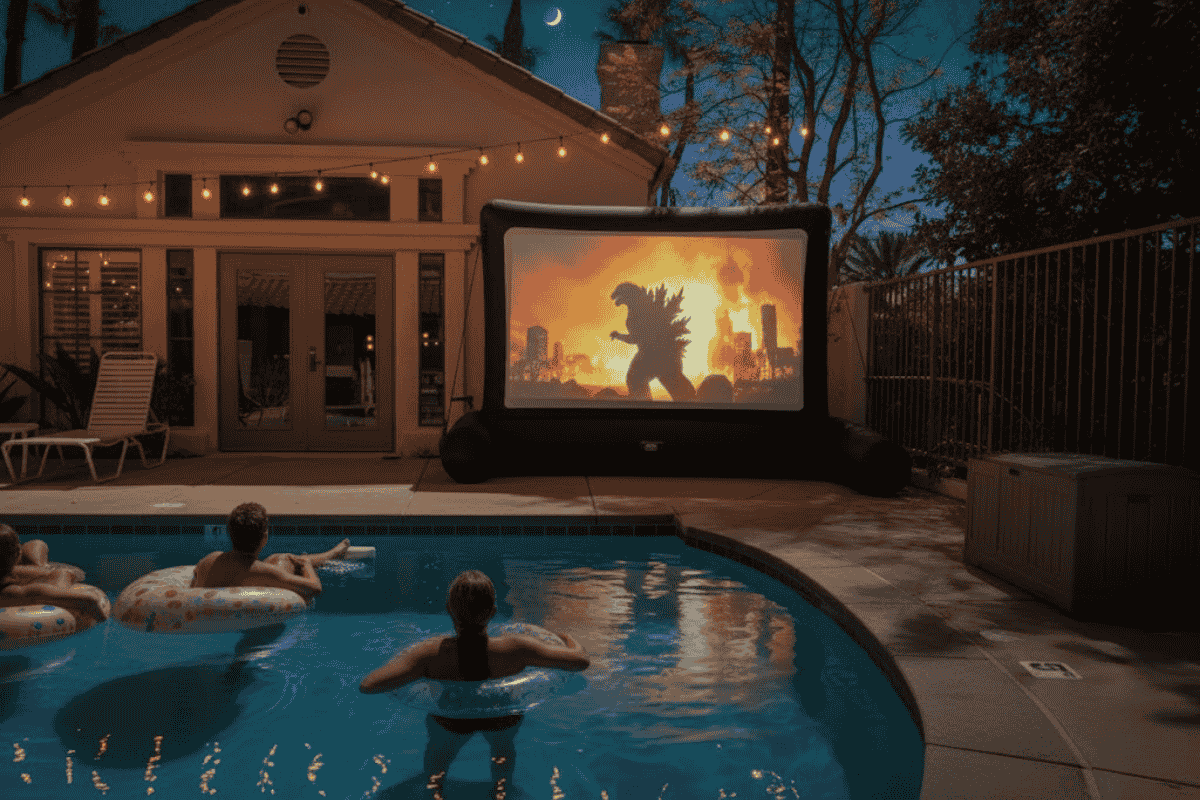 People in a pool watch a monster movie on an outdoor screen at night by a house with string lights.