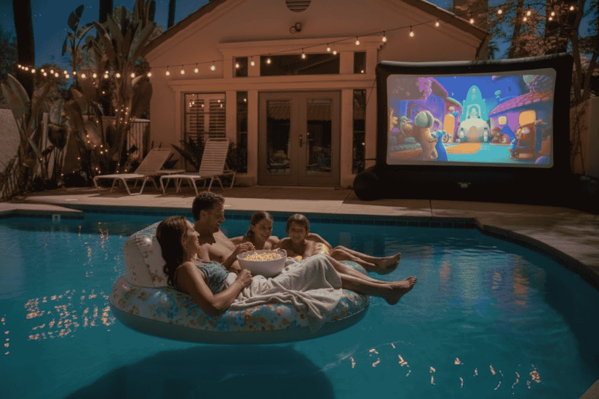 A family on a pool float watches an outdoor movie at night with string lights and an inflatable screen.