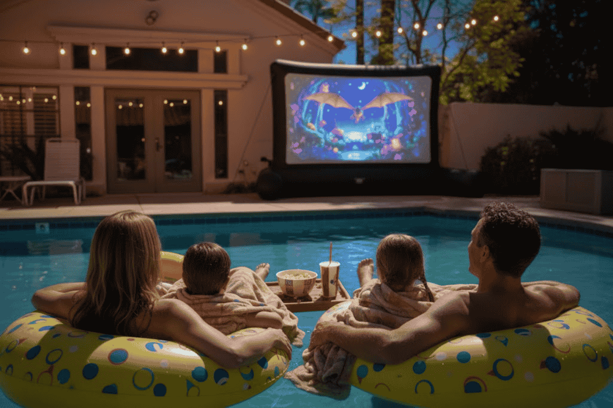 A family floats in a pool on inflatables, watching a movie on an outdoor screen at night.