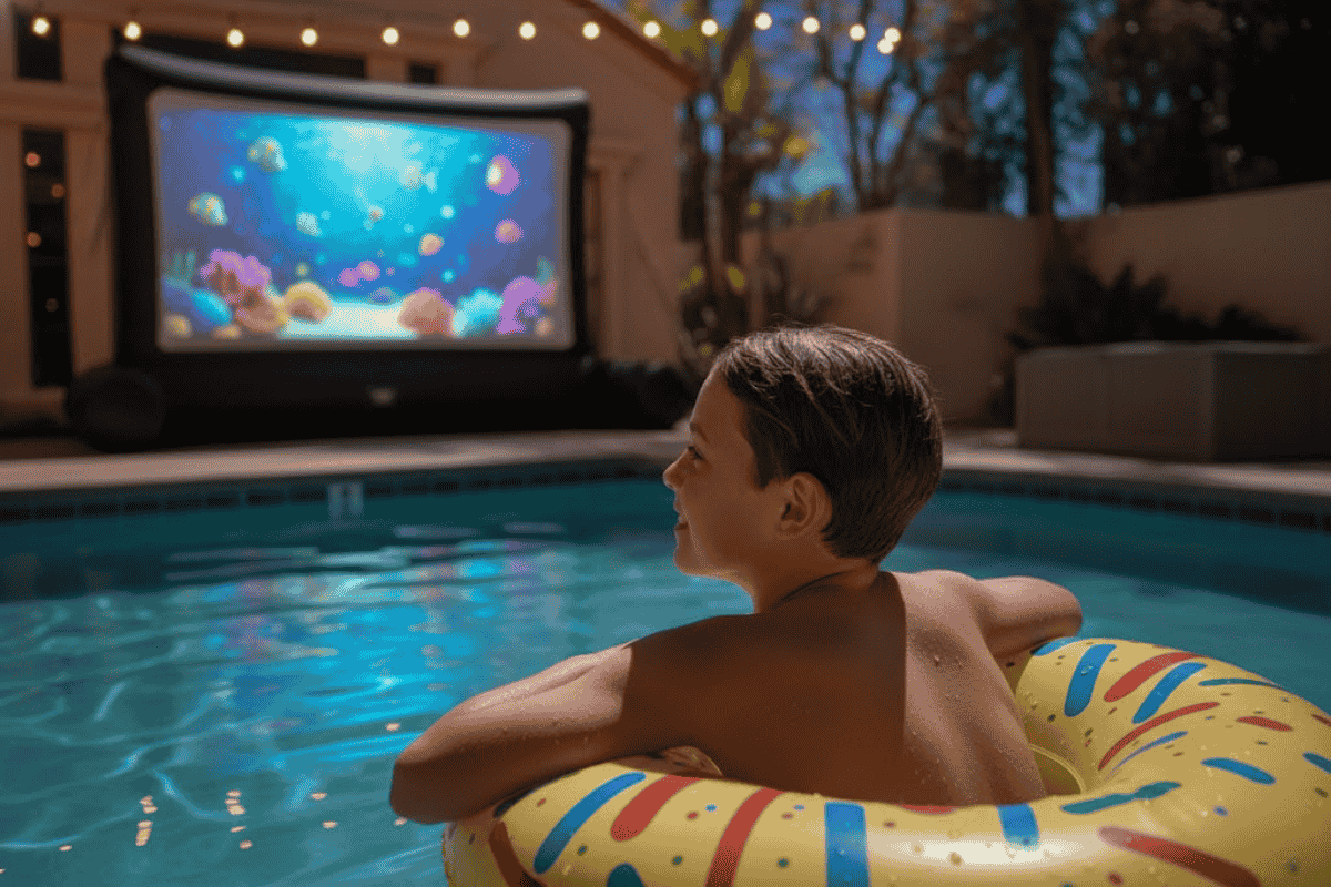 Child in a pool float watches an outdoor movie on a large screen near a backyard swimming pool at night.
