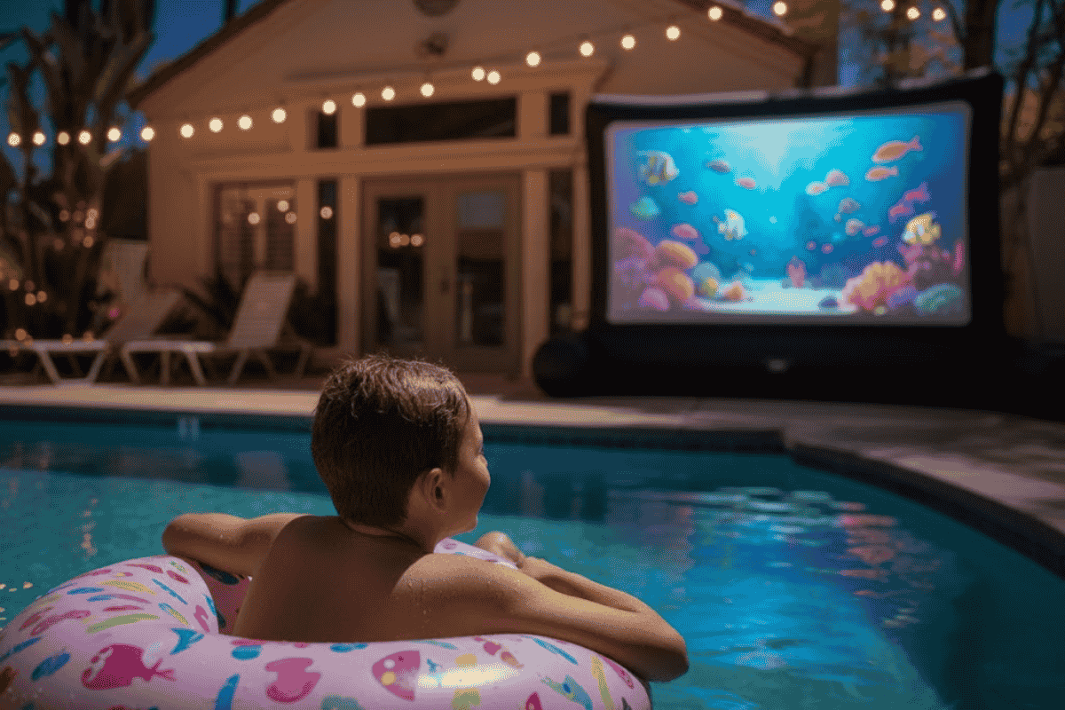 A child in a pool float watches an animated movie on an outdoor screen by a house at night.