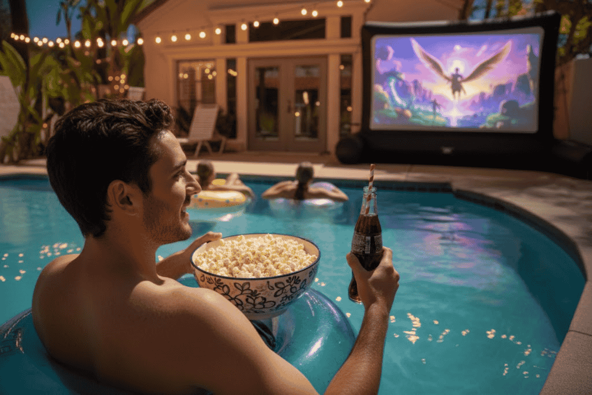 Young man relaxing on a pool float with popcorn and soda, watching a movie on an outdoor screen at night.