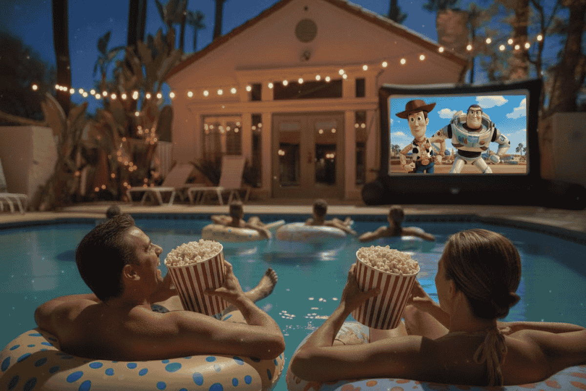 People in pool floats watch Toy Story on an outdoor screen at night, holding popcorn by a lit-up house.