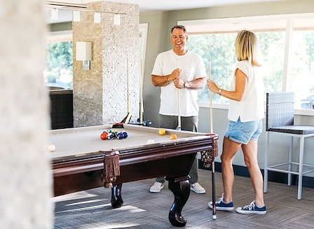 Two adults enjoying a game of billiards in a stylish recreational room, with a pool table and natural light streaming through large windows.