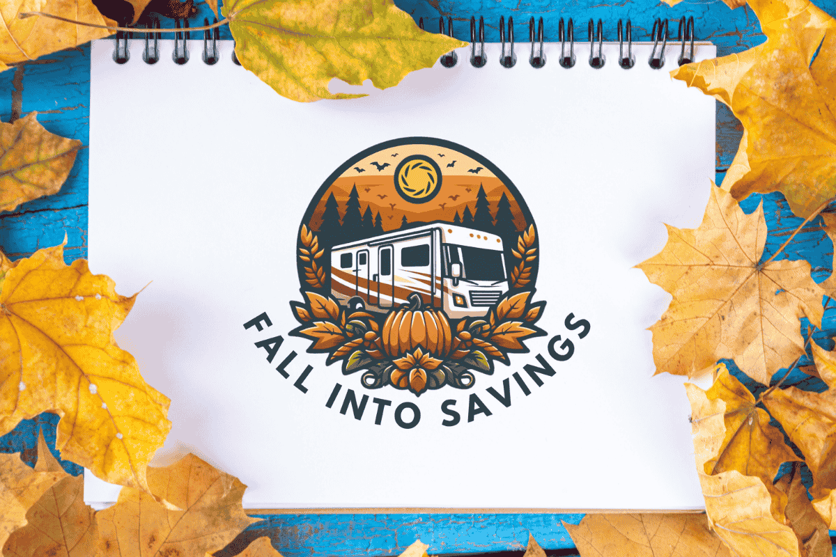 A picture of a book with a logo of a RV in a fall scenario, with the name of this promotion: Fall into savings