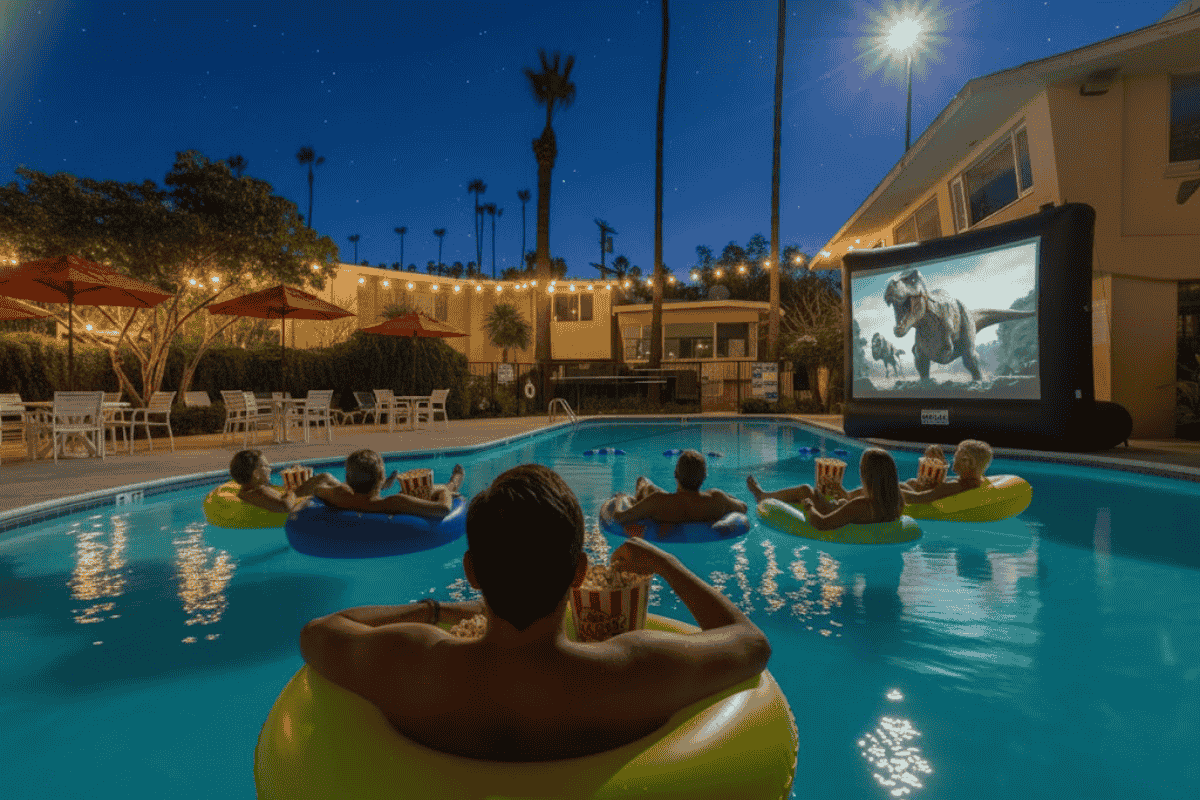 Group of friends enjoying an outdoor movie night by the pool on inflatable rafts, with a large screen displaying a dinosaur film, surrounded by palm trees and string lights under a night sky.