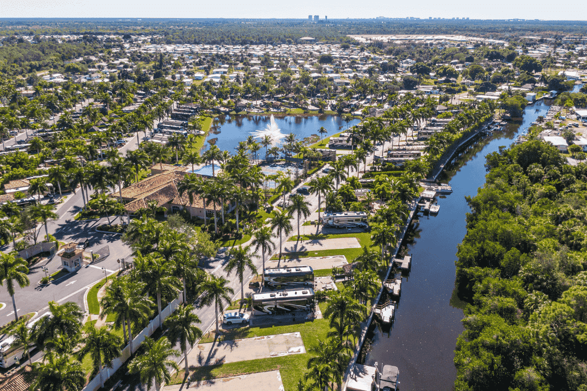 Aerial view of the gulf entrance at Naples Motorcoach Resort